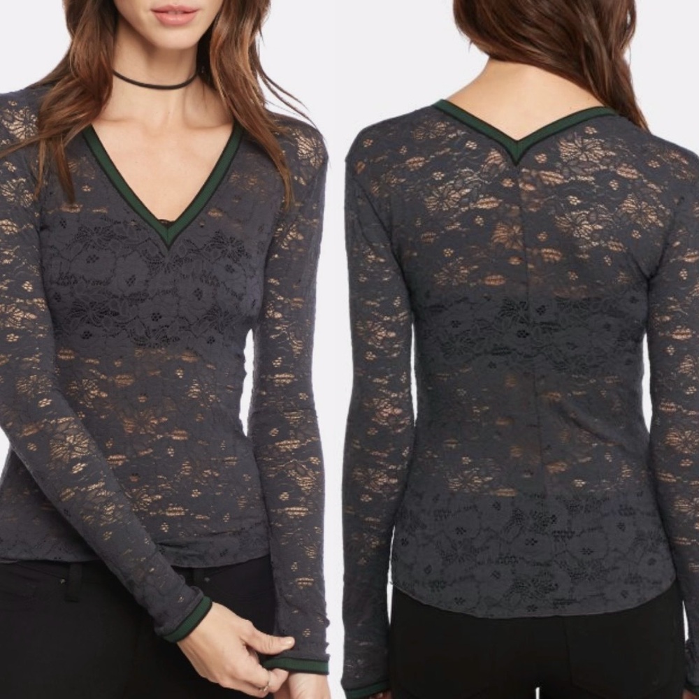 Free People All Day Lace Long Sleeve Top Gray Lace Green Trim SZ L EUC - Picture 1 of 8